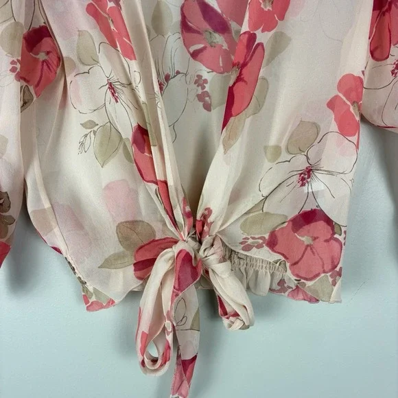 Banana Republic Silk Floral Top Tie Front Blouse Women's S Pink Boho Festival - Picture 3 of 8